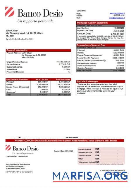 Downloadable Italy Banco di Desio e della Brianza mortgage statement Word and PDF template